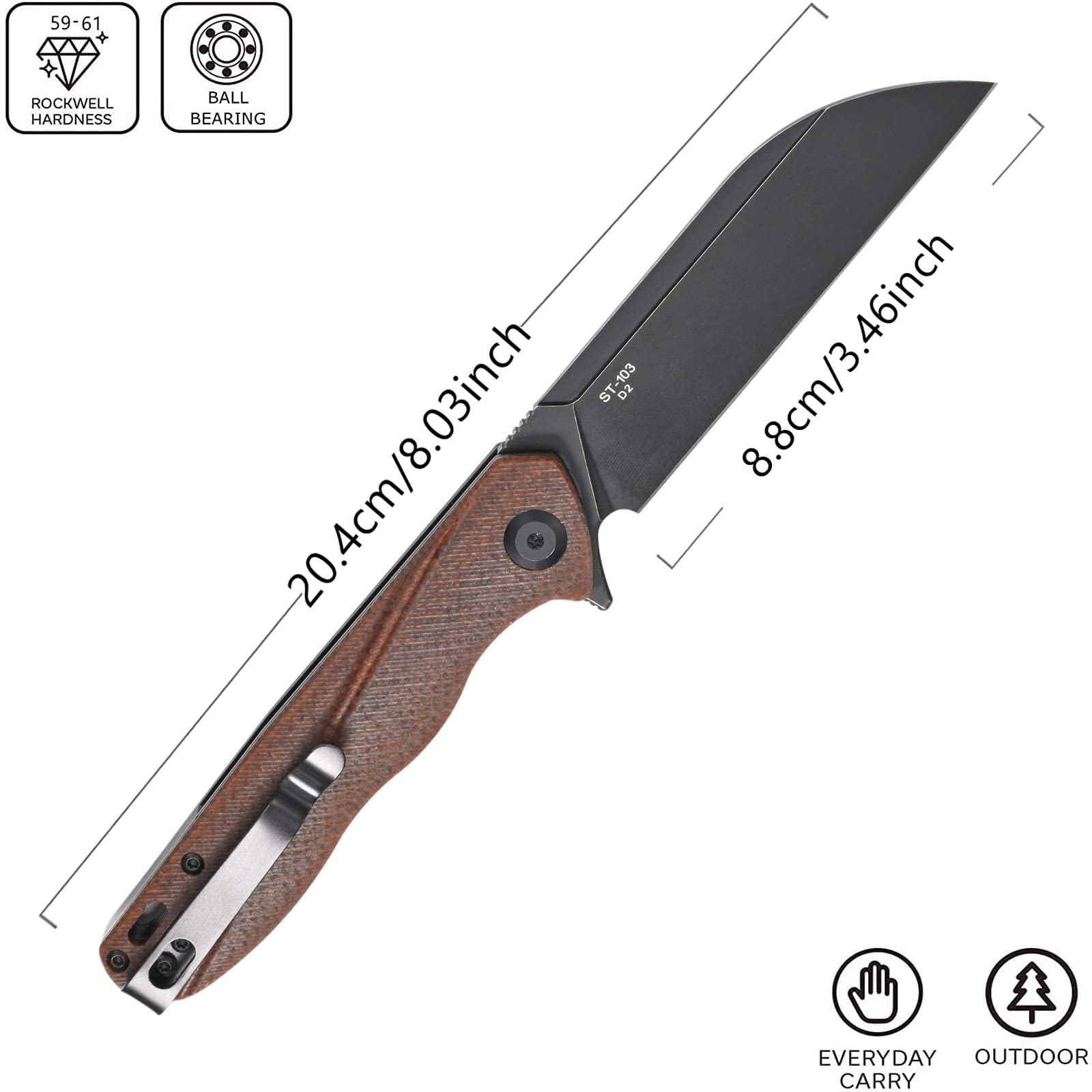 Sitivien ST103 Folding Knife, D2 Steel Blade,Micarta Handle EDC Tool Knife for Outdoor, Camping, Hunting, Survival(Brown)