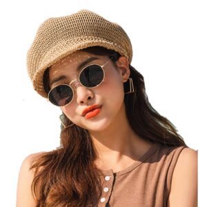 Octagonal Cap Straw Women Summer Thin Newsboy Cap Painter Adjustable Rope Knitted Beret Mesh Breathable Boinas para Mujer, One Size