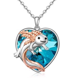 Axolotl Necklace for Women Sterling Silver Blue Heart Crystal Cute Mexican Axolotl Jewelry Charm Animal Necklace Pendant Christmas Gifts