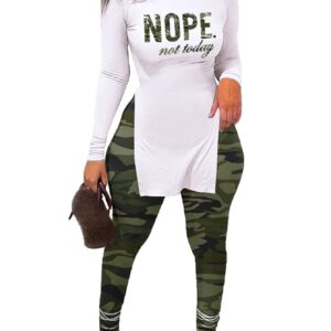 MRSYVES 2 Piece Outfits for Women Long Sleeve Side Split Pullover Shirts and Bodycon High Waist Leggings Pants White Green Camouflage L