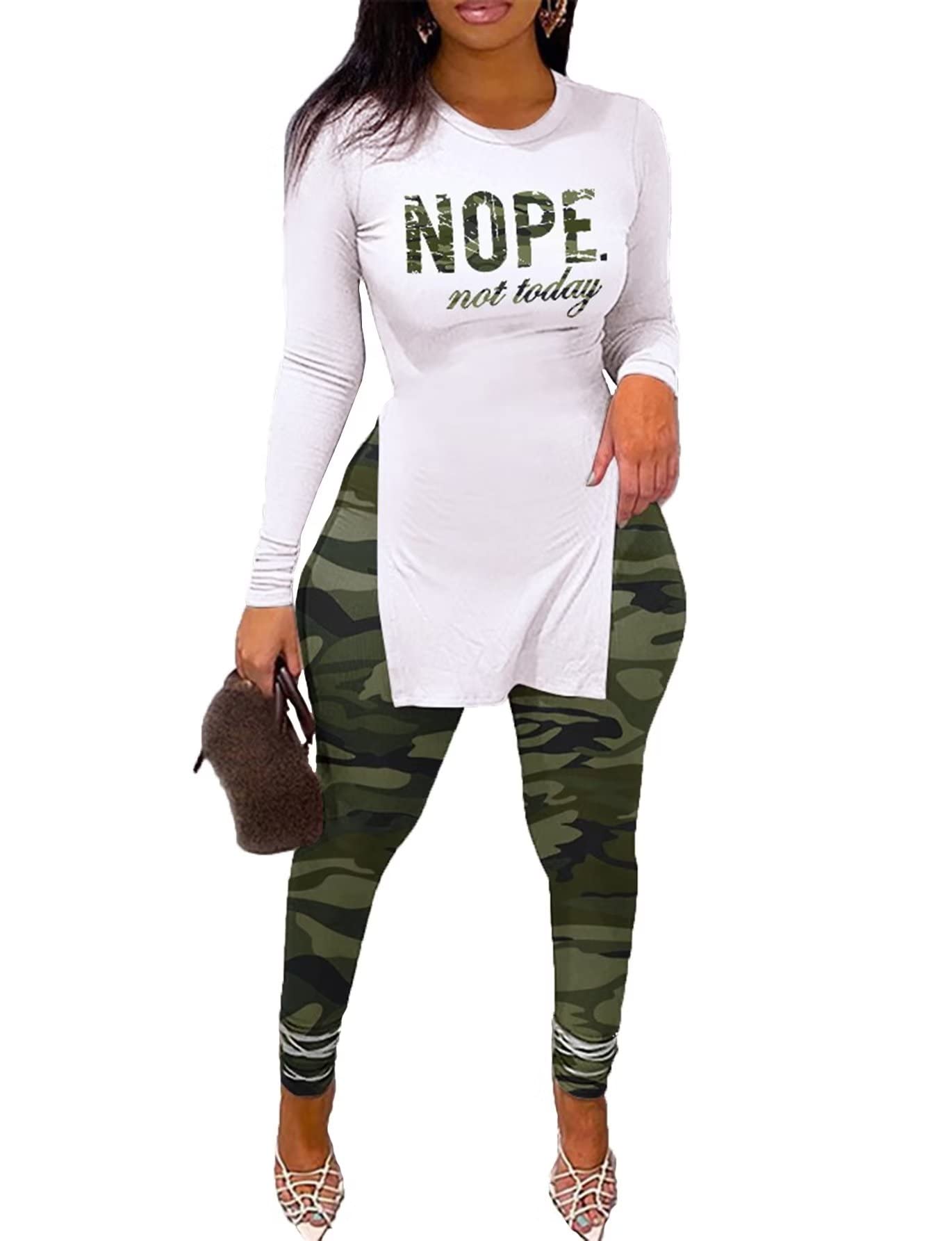 MRSYVES 2 Piece Outfits for Women Long Sleeve Side Split Pullover Shirts and Bodycon High Waist Leggings Pants White Green Camouflage L