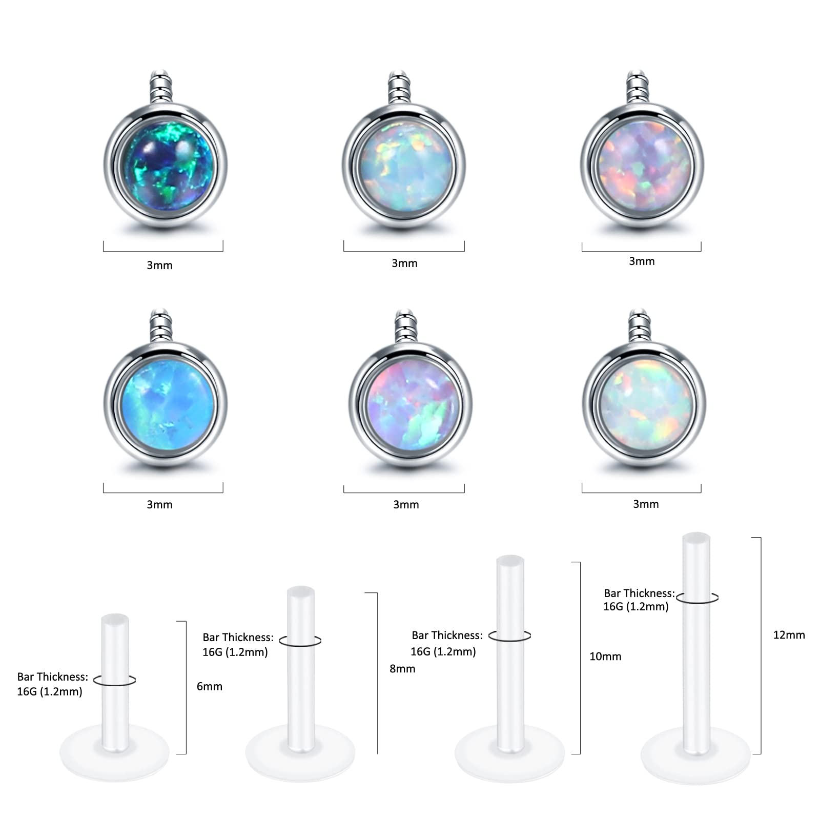 Aumeo 16G Clear Lip Labret Piercing Retainers Flexible Bioflex Acrylic Opal Labret Monroe Lip Ring Studs Ear Tragus Helix Cartilage Conch Piercing 6mm 8mm 10mm 12mm