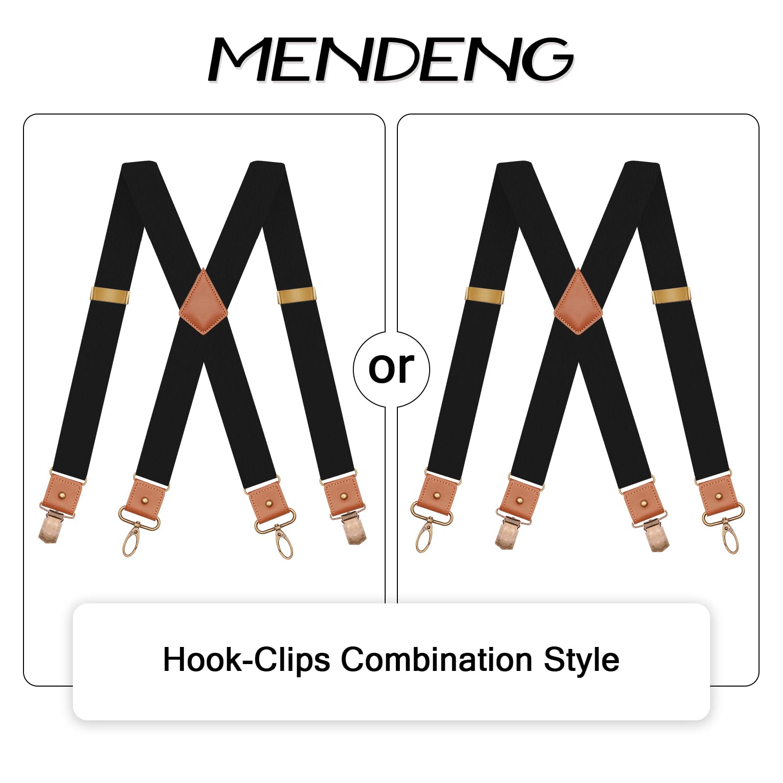 MENDENG Suspenders for Men Hook-Clips Convertible Mens Suspenders for Jeans Heavy Duty Swivel Belt Loop Braces Black