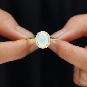 Rosec Jewels 8X10 MM Real Ethiopian Opal Ring with Diamond Halo | 1.75 Cttw | AAA Quality, 14K Yellow Gold, Size:US 10.00