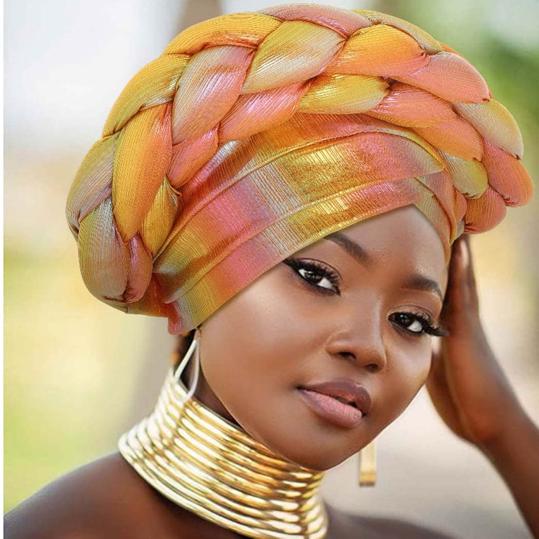 Woeoe Beanie Cap Head Wrap Double Braid Pre-Tied Head Scarf Twisted Stretchy African Head Turban for Women and Girls