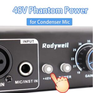 Rodyweil Microphone Preamp Mic Gain Booster with 2 Input Max 75db Gain 48V Phantom Power for Dynamic and Condenser Mic