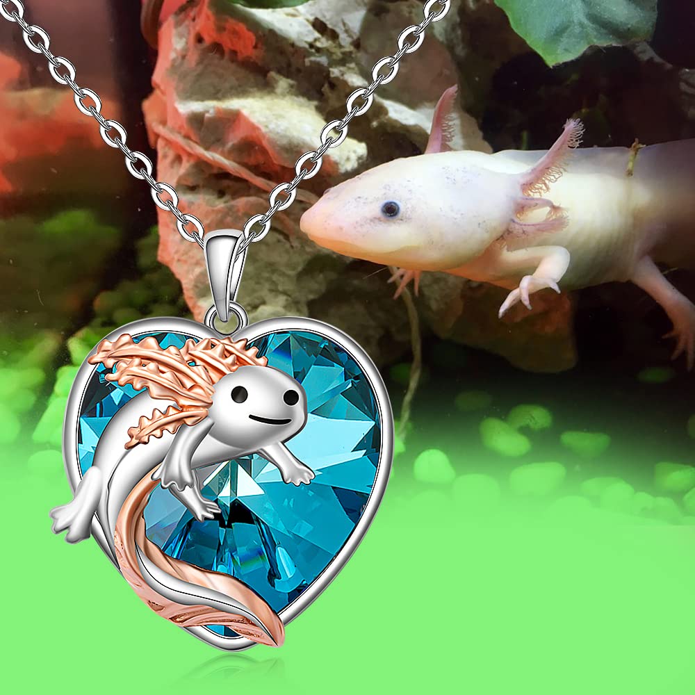 Axolotl Necklace for Women Sterling Silver Blue Heart Crystal Cute Mexican Axolotl Jewelry Charm Animal Necklace Pendant Christmas Gifts