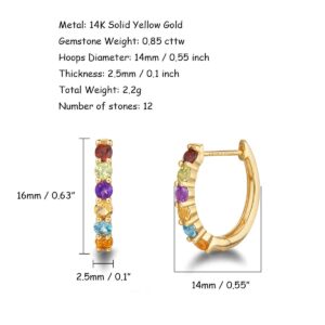 FANCIME 14k Solid Yellow Gold Rainbow Hoop Earrings Multicolor Gemstones 0.85cttw Peridot Citrine Yellow Sapphire Garnet Blue Topaz Amethyst Small Tiny Huggie for Women16mm