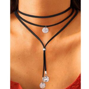 LARVOVUE Boho Black Velvet Choker Necklace for Women Gothic Silver Coin Pendant Layered Long Jewelry (Black)