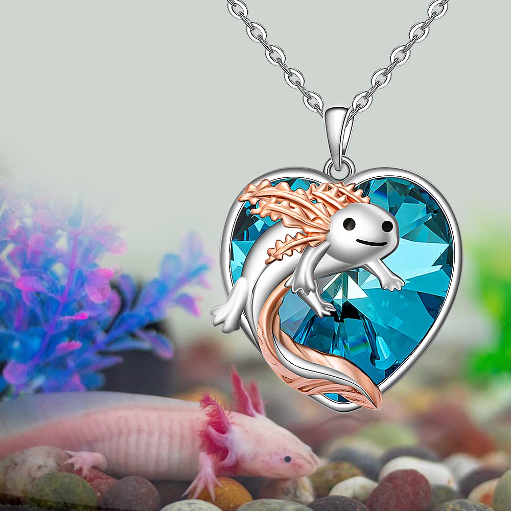 Axolotl Necklace for Women Sterling Silver Blue Heart Crystal Cute Mexican Axolotl Jewelry Charm Animal Necklace Pendant Christmas Gifts