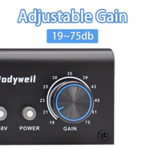 Rodyweil Microphone Preamp Mic Gain Booster with 2 Input Max 75db Gain 48V Phantom Power for Dynamic and Condenser Mic