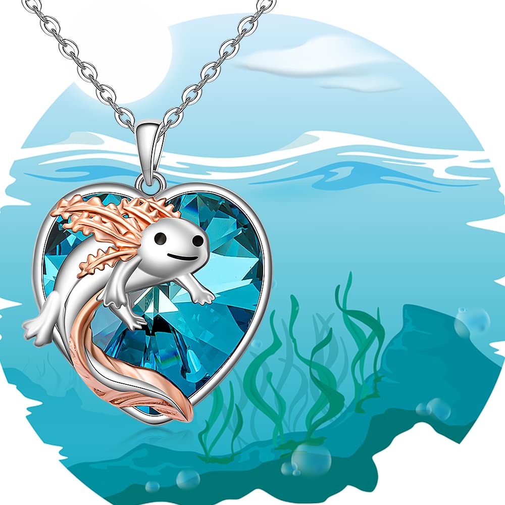 Axolotl Necklace for Women Sterling Silver Blue Heart Crystal Cute Mexican Axolotl Jewelry Charm Animal Necklace Pendant Christmas Gifts