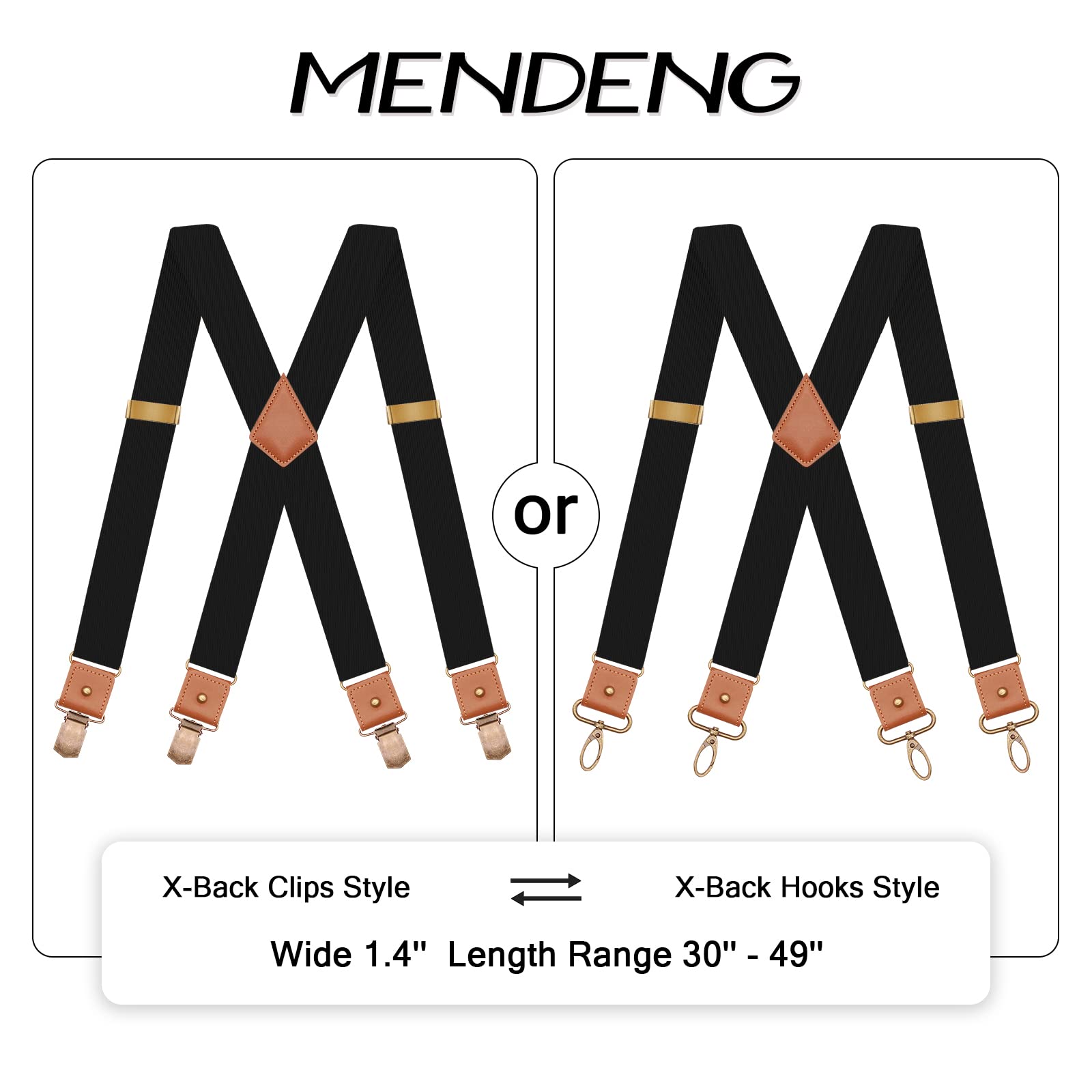 MENDENG Suspenders for Men Hook-Clips Convertible Mens Suspenders for Jeans Heavy Duty Swivel Belt Loop Braces Black