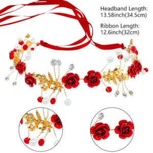 Aswewamt 2 Pcs Red Flower Crown Headband Rhinestone Pearl Tiara Red Rose Bride Crown Crystal Red Headband Wedding Headpiece Hair Jewelry for Women