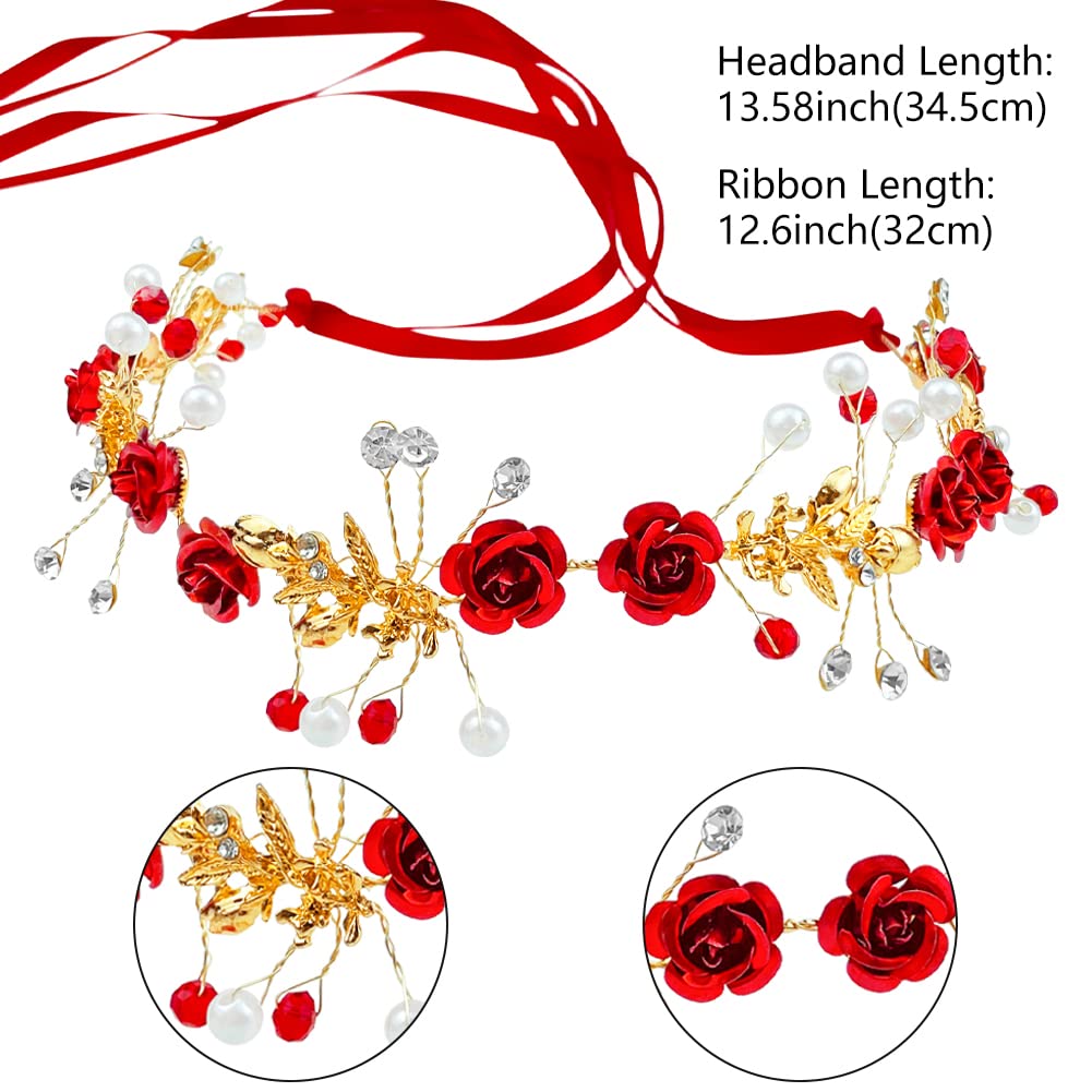 Aswewamt 2 Pcs Red Flower Crown Headband Rhinestone Pearl Tiara Red Rose Bride Crown Crystal Red Headband Wedding Headpiece Hair Jewelry for Women