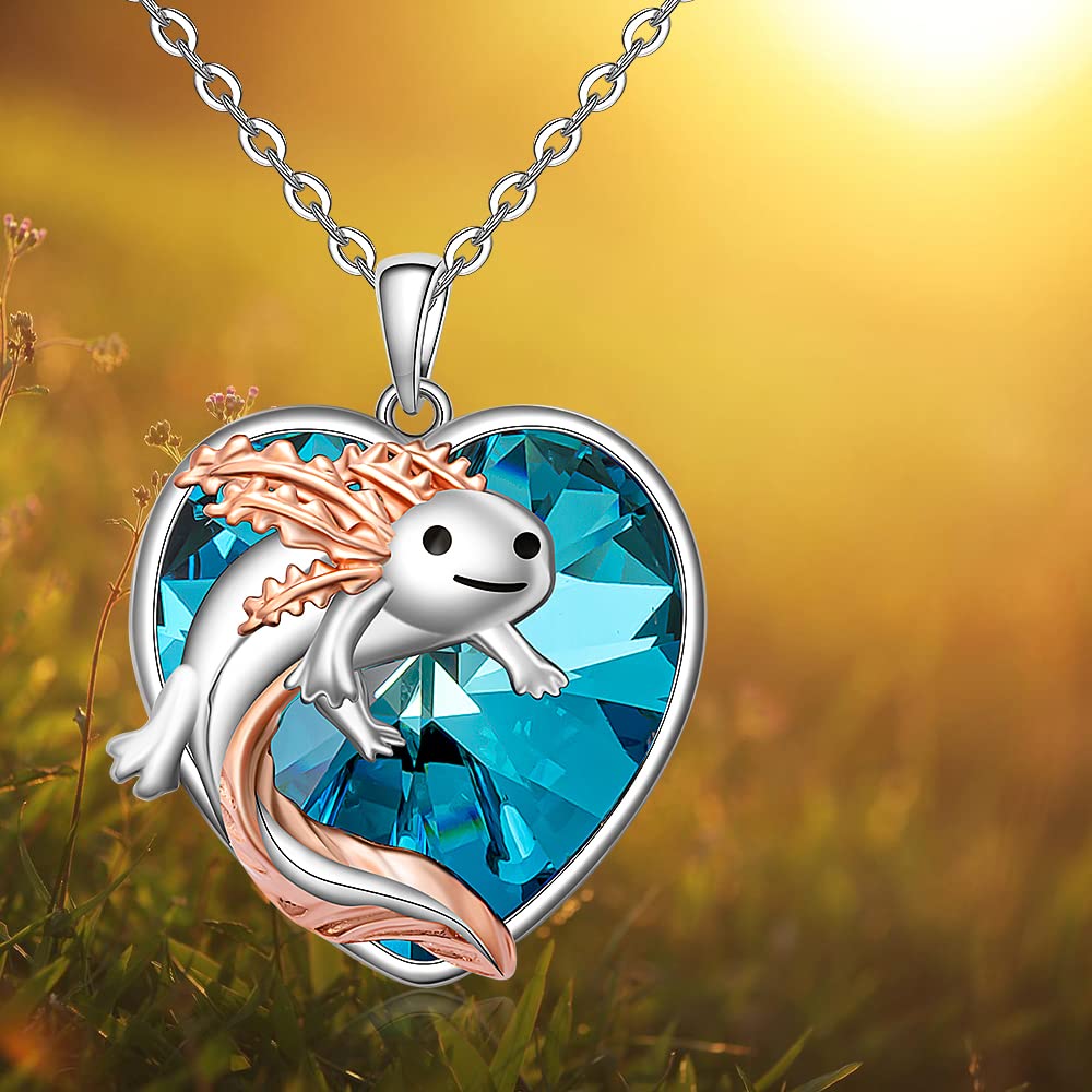 Axolotl Necklace for Women Sterling Silver Blue Heart Crystal Cute Mexican Axolotl Jewelry Charm Animal Necklace Pendant Christmas Gifts