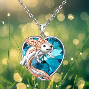 Axolotl Necklace for Women Sterling Silver Blue Heart Crystal Cute Mexican Axolotl Jewelry Charm Animal Necklace Pendant Christmas Gifts