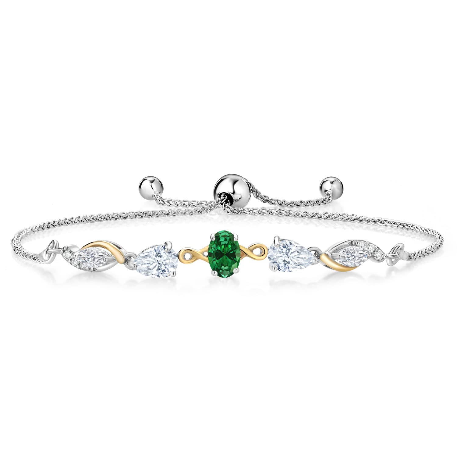 Gem Stone King 925 Silver and 10K Yellow Gold Oval Green Created Emerald White Moissanite and White Lab Grown Diamond Tennis Bracelet For Women (1.39 Cttw, Fully Adjustable Up to 9 Inch)