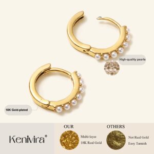 Kenivira Pearl Hoop Earrings for Women, Small Gold Plated Hoop Pearl Earrings Dainty Trendy, Tiny Gold Pearl Huggie Simple Statement Lightweight Hoop Earrings Jewellery