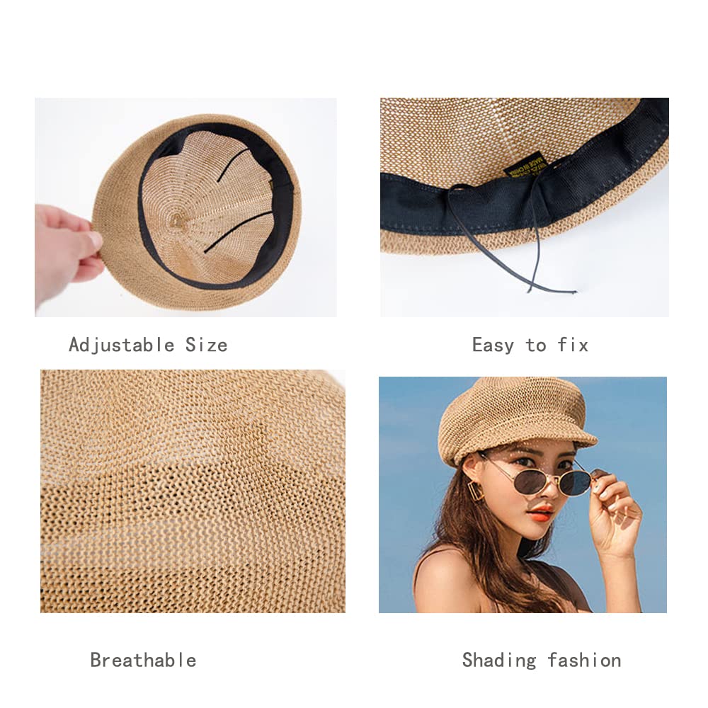 Octagonal Cap Straw Women Summer Thin Newsboy Cap Painter Adjustable Rope Knitted Beret Mesh Breathable Boinas para Mujer, One Size