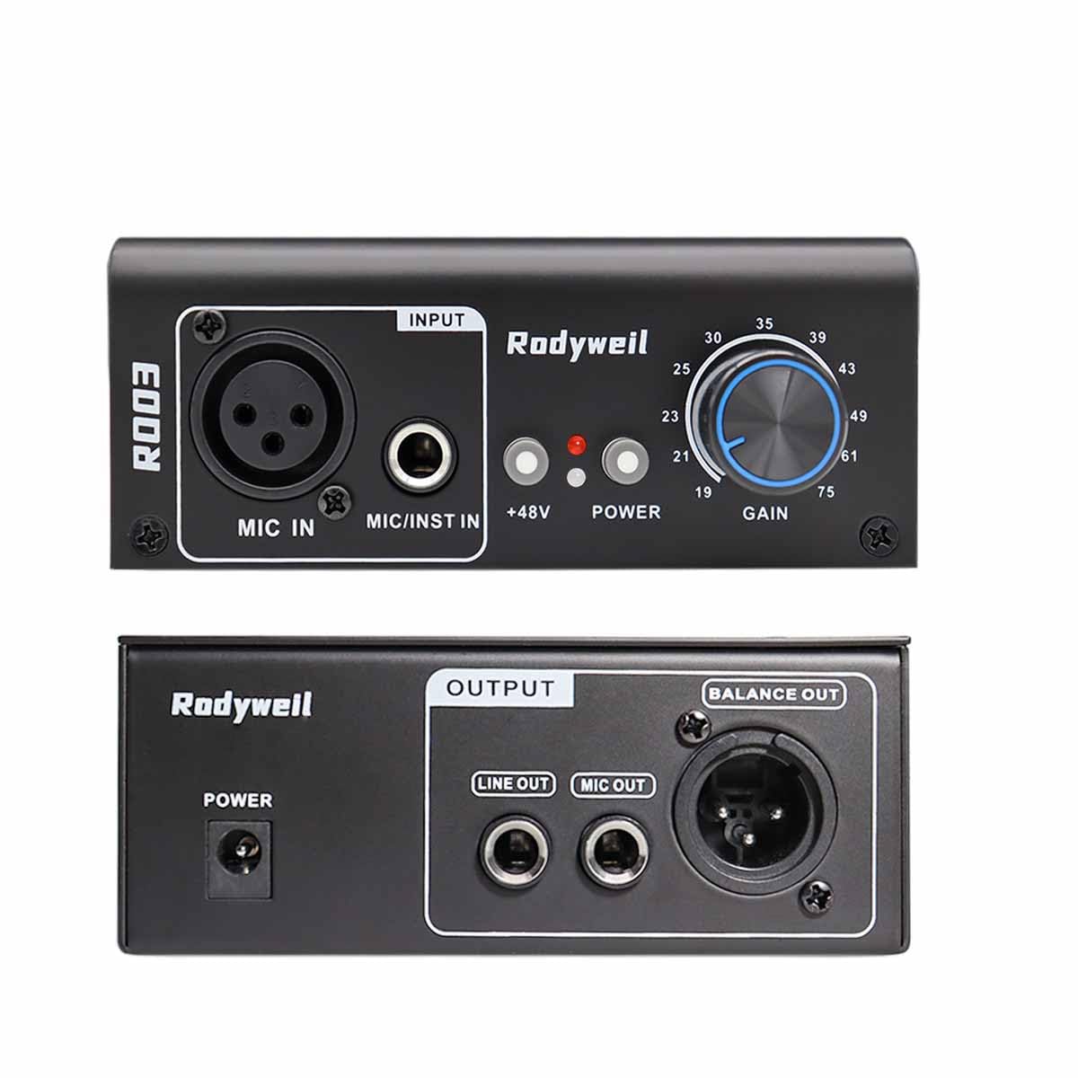 Rodyweil Microphone Preamp Mic Gain Booster with 2 Input Max 75db Gain 48V Phantom Power for Dynamic and Condenser Mic