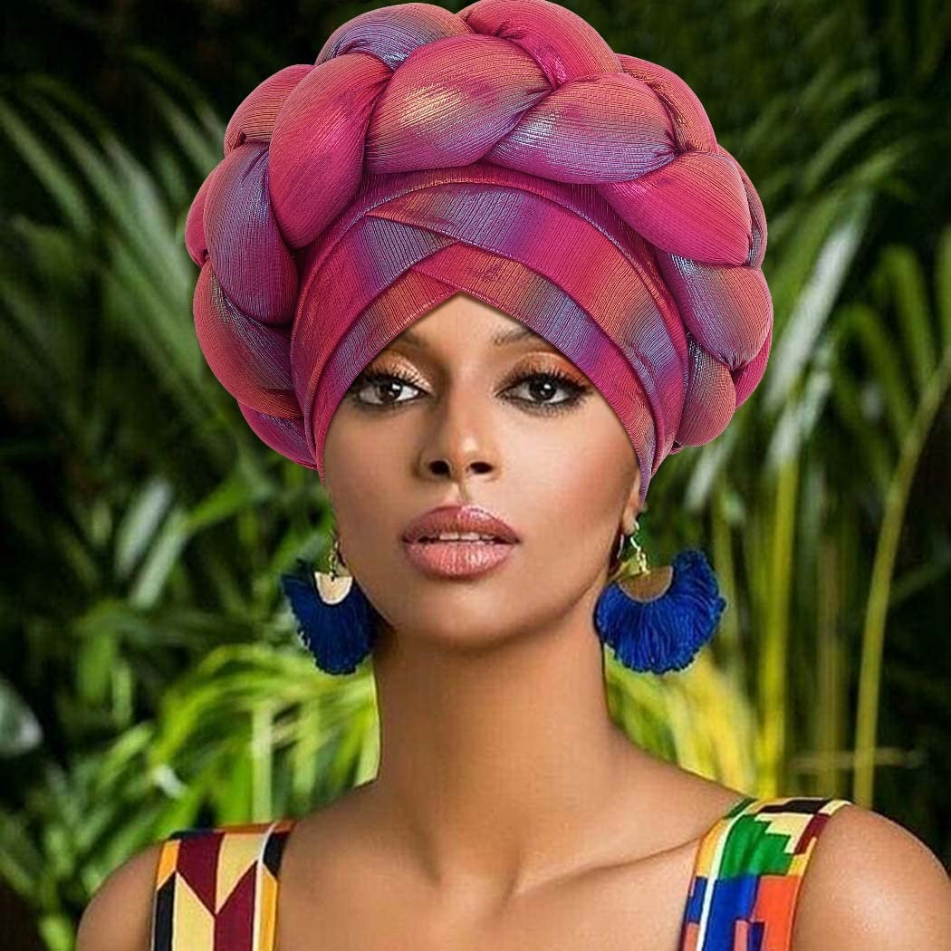 Woeoe Women African Turban Rose Red Braid Beanie Cap Headwear Pre-Tied Stretchy Twisted Head Turbans