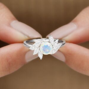 Natural Opal Diamond Flower Engagement Ring for Women, AAA Quality, Ethiopian Opal Floral Ring - With Jewelry Box, 14K White Gold, Size:US 6.00