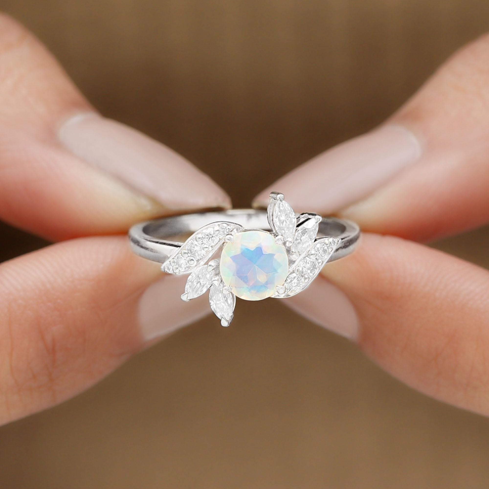 Natural Opal Diamond Flower Engagement Ring for Women, AAA Quality, Ethiopian Opal Floral Ring - With Jewelry Box, 14K White Gold, Size:US 6.00