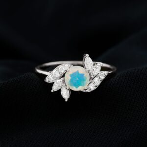 Natural Opal Diamond Flower Engagement Ring for Women, AAA Quality, Ethiopian Opal Floral Ring - With Jewelry Box, 14K White Gold, Size:US 6.00