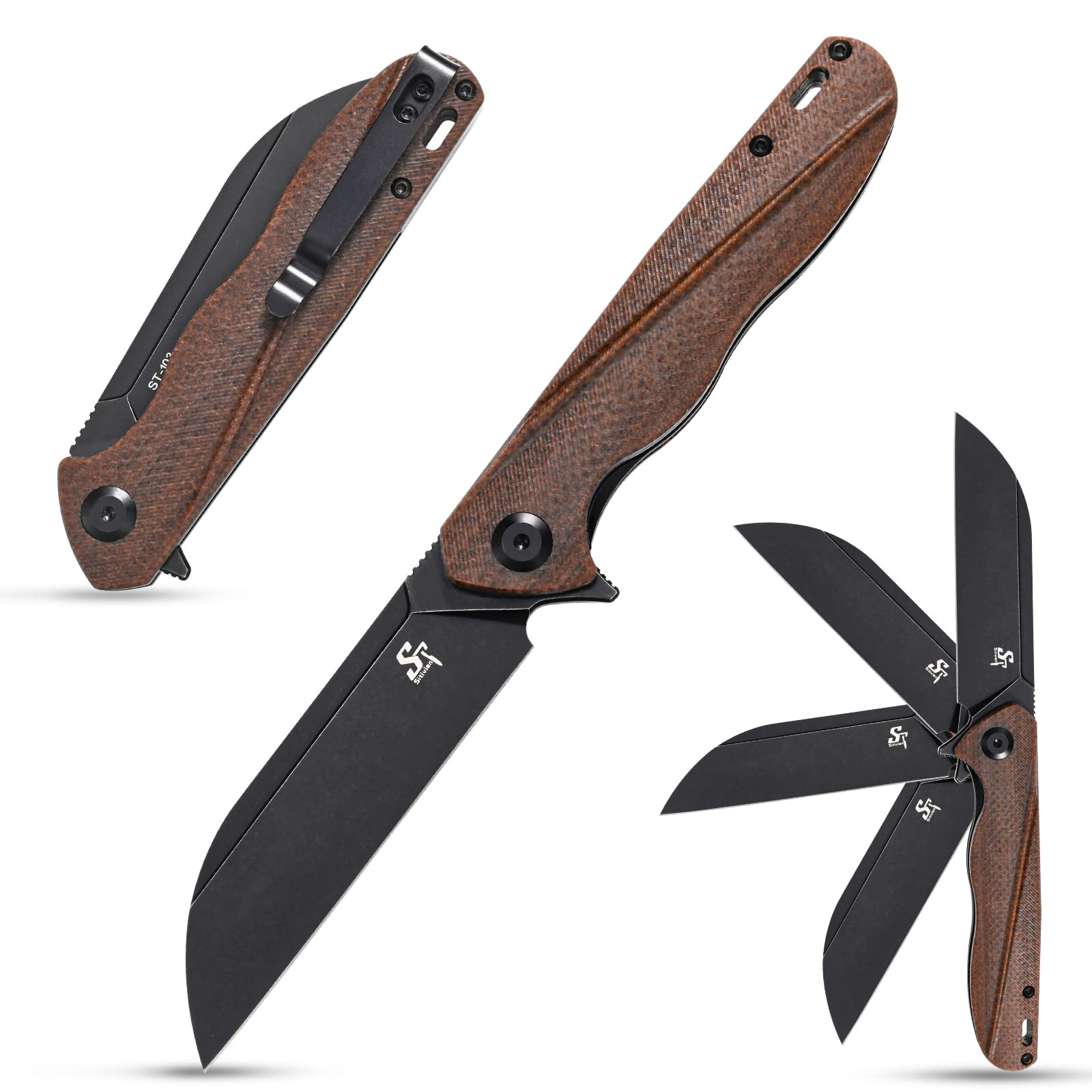 Sitivien ST103 Folding Knife, D2 Steel Blade,Micarta Handle EDC Tool Knife for Outdoor, Camping, Hunting, Survival(Brown)