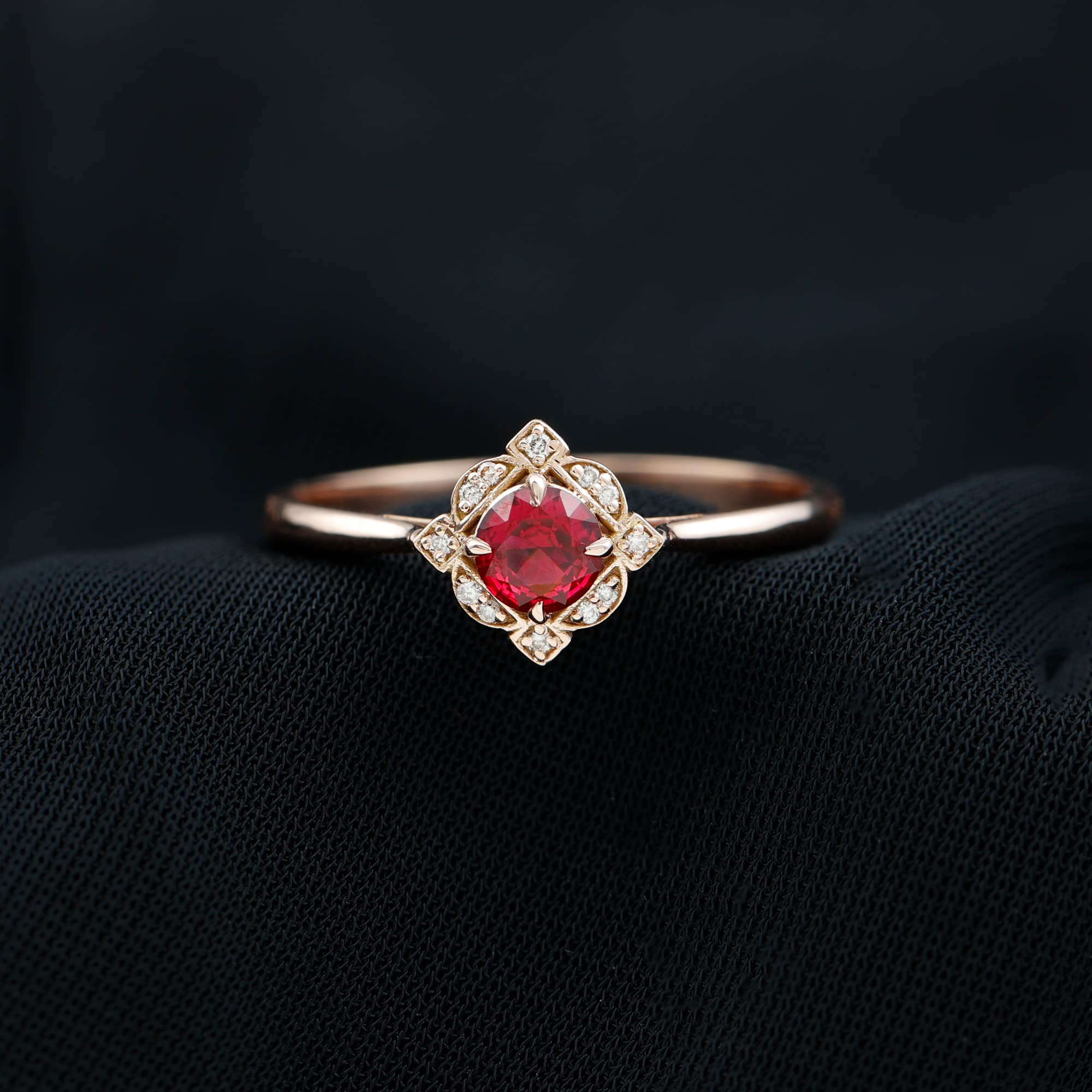 Certified Lab Grown Ruby Vintage Inspired Engagement Ring, AAAA Quality, Ruby Diamond Engagement Ring - Ready To Gift, 14K Rose Gold, Size:US 11.00