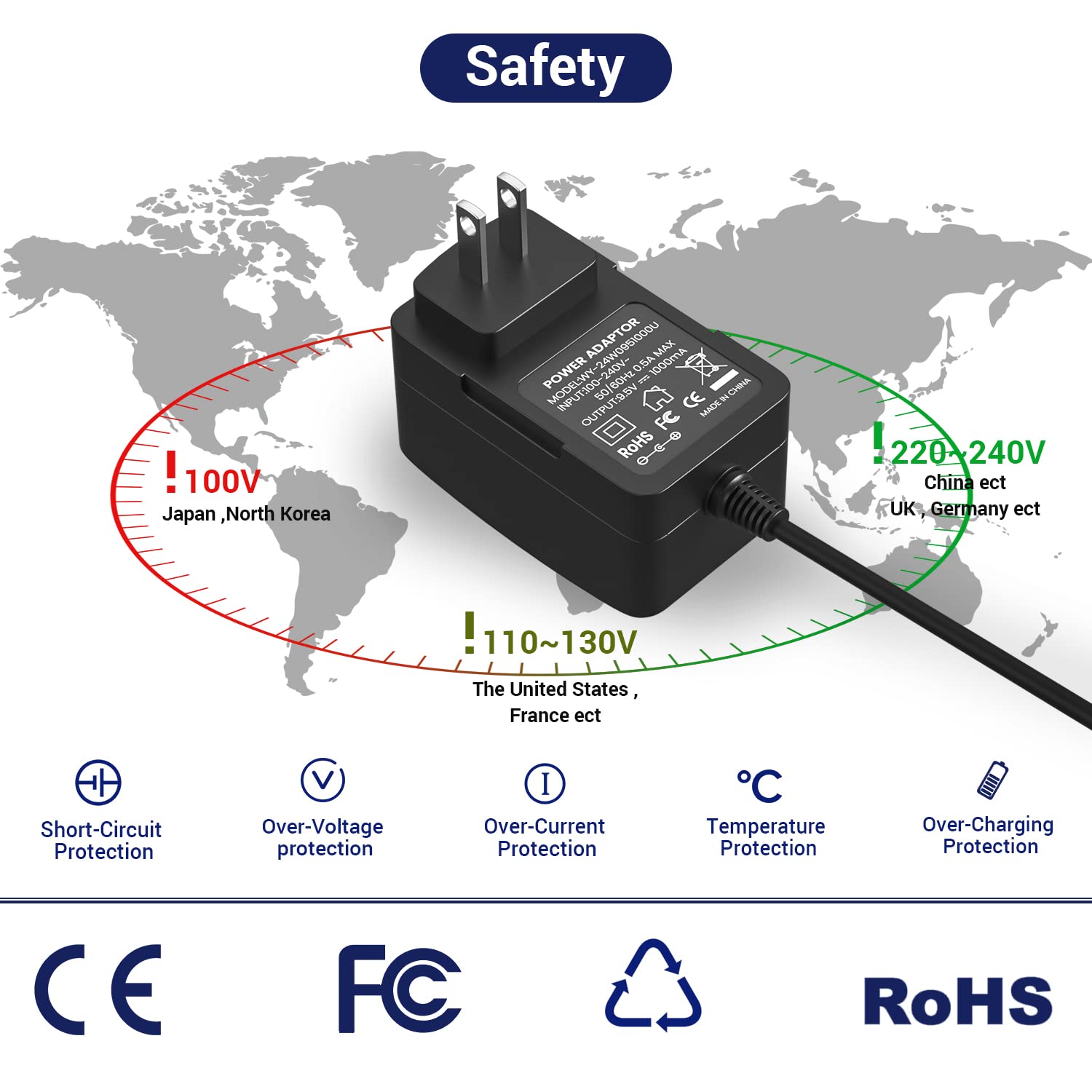 9.5V AC/DC Adapter for Casio Keyboard AD-E95100LU Power Supply Charger SA-46 SA-47 LK-125 LK-127 CTK-240 CTK-245 CTK-1100 for Casio ADE95100LU, 100-240V AC to 9.5V DC Converter