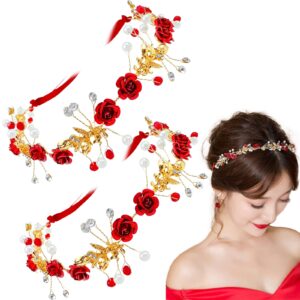 Aswewamt 2 Pcs Red Flower Crown Headband Rhinestone Pearl Tiara Red Rose Bride Crown Crystal Red Headband Wedding Headpiece Hair Jewelry for Women