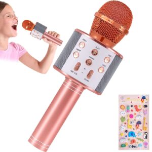 sovvid karaoke microphone for kids with animal stickers, wireless bluetooth karaoke mic for singing, portable handheld mic speaker player machine, for teens adults all age(rose gold)