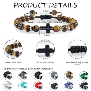 Svovin 12 Pcs Cross Beads Bracelet for Men Women 8mm Healing Lava Stone Bracelets Tiger Eye Stone Crystal Anxiety Beaded Bracelet Adjustable