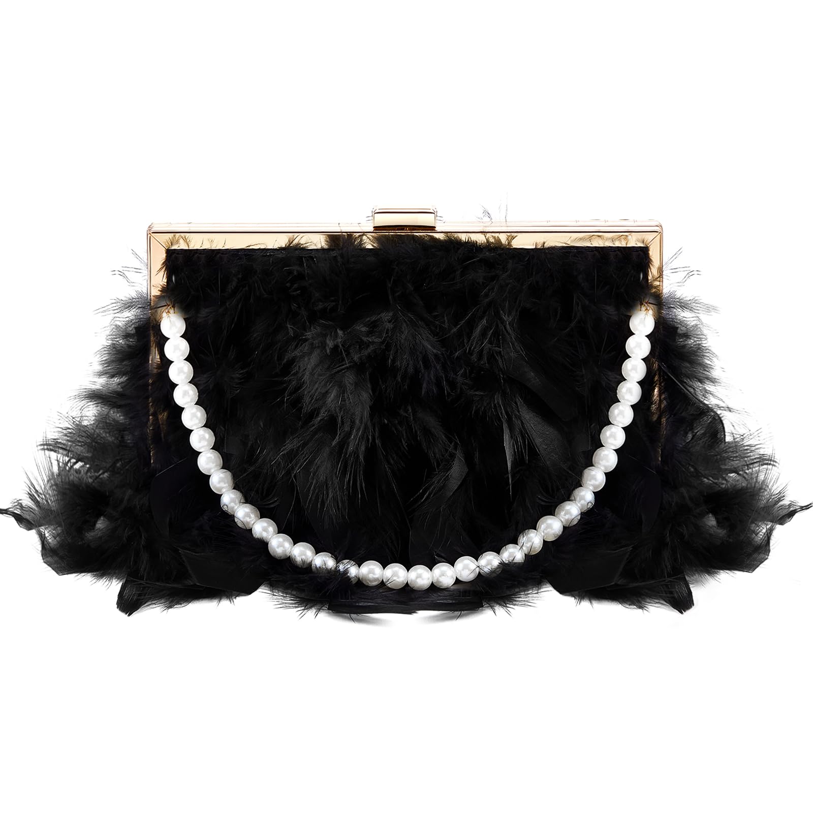 Amylove Feather Clutch Purses for Women Wedding Evening Bride Furry Purse Classy Fringe Purse Glossy Designer Purse(Black)