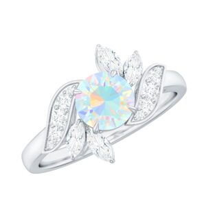 natural opal diamond flower engagement ring for women, aaa quality, ethiopian opal floral ring - with jewelry box, 14k white gold, size:us 6.00