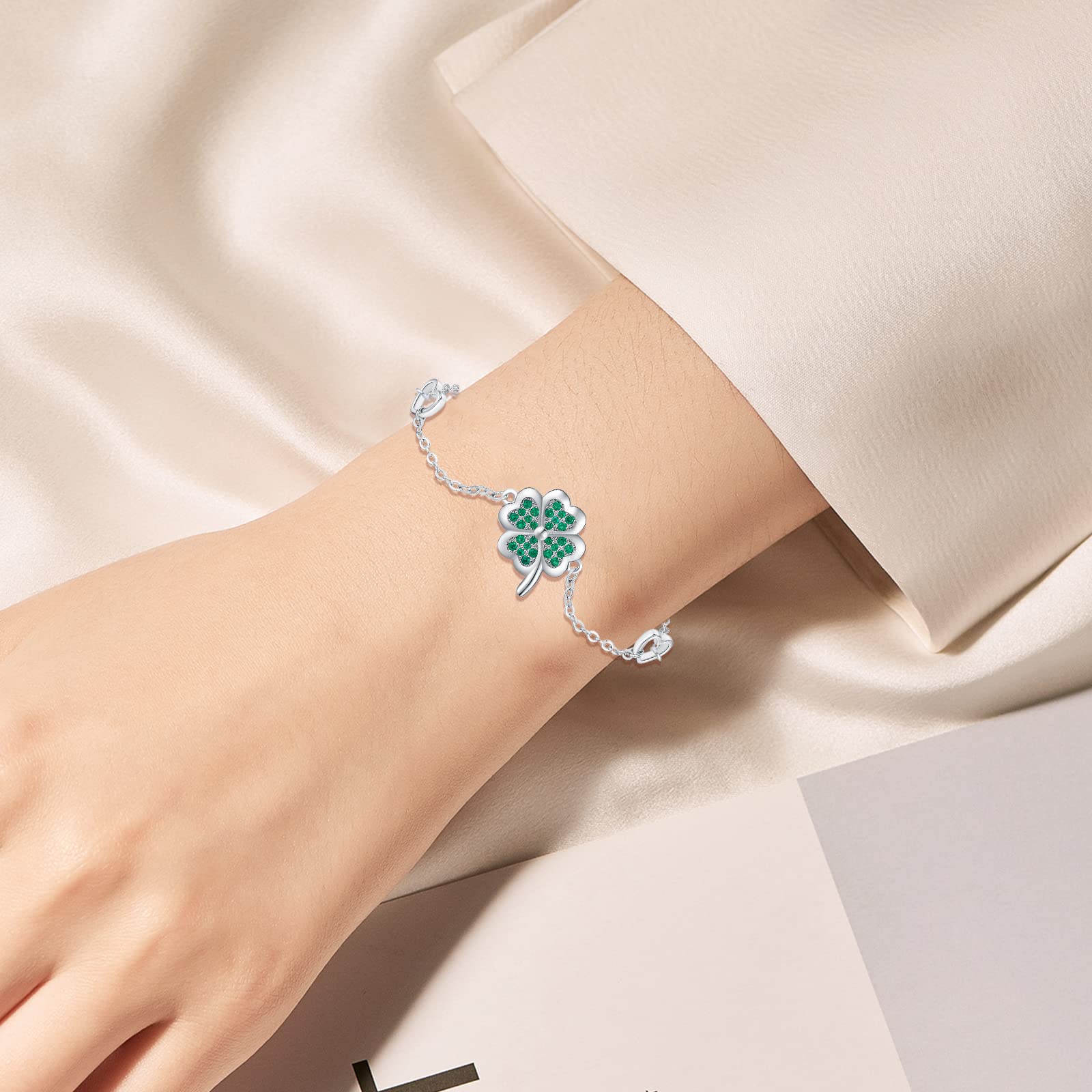 Midir&Etain Four Leaf Clover Bracelet 925 Sterling Silver St Patricks Day Irish Jewelry Gifts Prom Crystal Heart Bracelet for Lover Women Wife