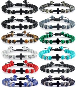 svovin 12 pcs cross beads bracelet for men women 8mm healing lava stone bracelets tiger eye stone crystal anxiety beaded bracelet adjustable