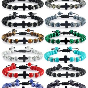 Svovin 12 Pcs Cross Beads Bracelet for Men Women 8mm Healing Lava Stone Bracelets Tiger Eye Stone Crystal Anxiety Beaded Bracelet Adjustable