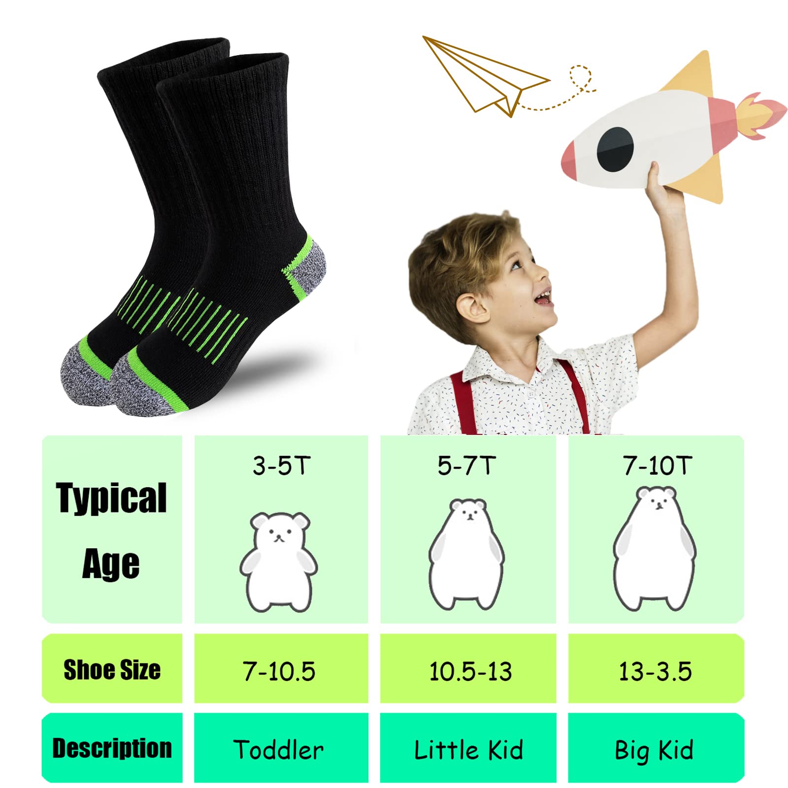 JAMEGIO 6 Pairs Boys' Cotton Crew Socks,Socks for Boys Age 3-10,Comfortable Stretch Cushioned Athletic Socks for Big Little kids(5-7T)