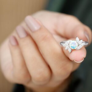 Natural Opal Diamond Flower Engagement Ring for Women, AAA Quality, Ethiopian Opal Floral Ring - With Jewelry Box, 14K White Gold, Size:US 6.00