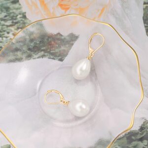 POTESSA Handpicked White Shell Pearl Earrings 18k Gold Plated Leverback Dangle Stud Pearl Earrings Jewelry for Women