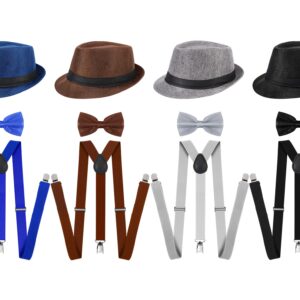 12 Pcs 1920s Mens Accessories 4 Gangster Hat Hat 4 Sets Bow Tie and Suspenders for Men Dress Suspenders Y Back Suspenders Pre Tied Bow Tie