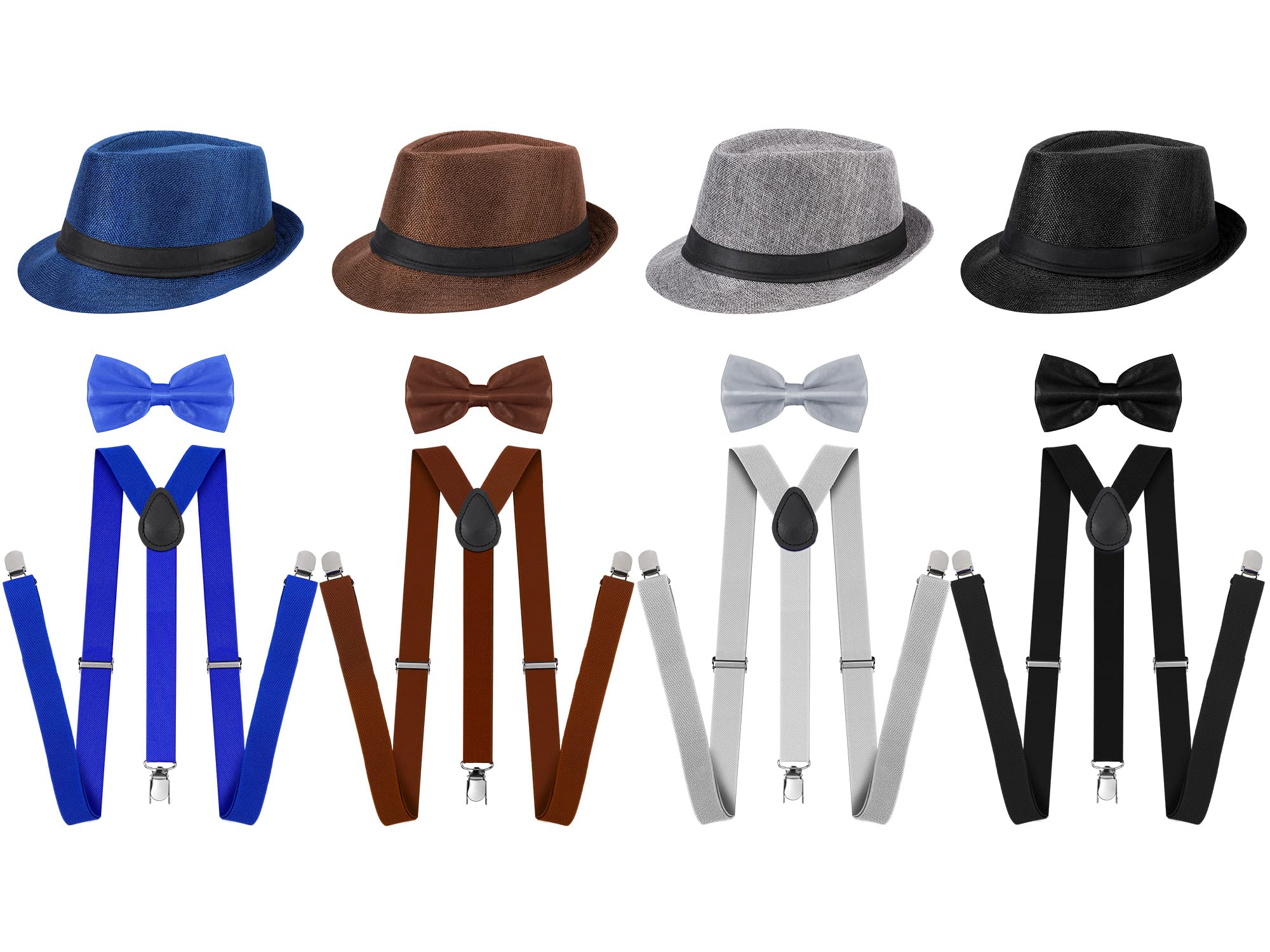 12 Pcs 1920s Mens Accessories 4 Gangster Hat Hat 4 Sets Bow Tie and Suspenders for Men Dress Suspenders Y Back Suspenders Pre Tied Bow Tie