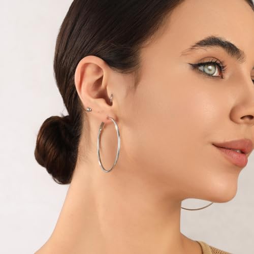 OOOPEL 2mm Sterling Silver Big Hoop Earrings For Women Sterling Silver Hoop Earrings Large Silver Hoop Earrings Womens Hypoallergenic Circle Endless Thin Hoop Oversize Silver Hoop Earrings For Women