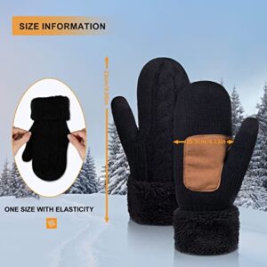 Mittens for Women Cold Weather, Womens Mittens Merino Wool Cable Knit Warm with Thick Thermal Fleece Lined, Winter Gloves with Touchscreen Fingers Anti-Slip(Black)