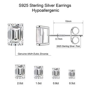 Stud Earrings for Women, S925 Sterling Silver 14K White Gold Plated Hypoallergenic Stud Earrings Emerald Cut Cubic Zirconia Sterling Silver Stud Earrings for Women Men