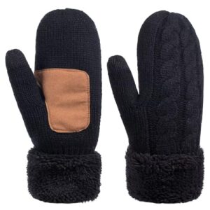 mittens for women cold weather, womens mittens merino wool cable knit warm with thick thermal fleece lined, winter gloves with touchscreen fingers anti-slip(black)