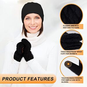 Mittens for Women Cold Weather, Womens Mittens Merino Wool Cable Knit Warm with Thick Thermal Fleece Lined, Winter Gloves with Touchscreen Fingers Anti-Slip(Black)